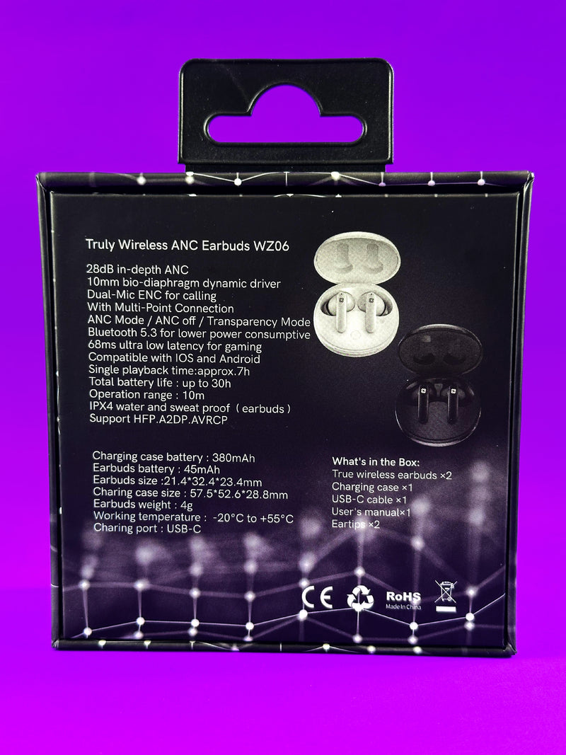 Fone Bluetooth TWS WZ06 — Cancelamento Ativo de Ruído (ANC), Cancelamento de Ruído de Chamadas (ENC), Conexão Multi-Point